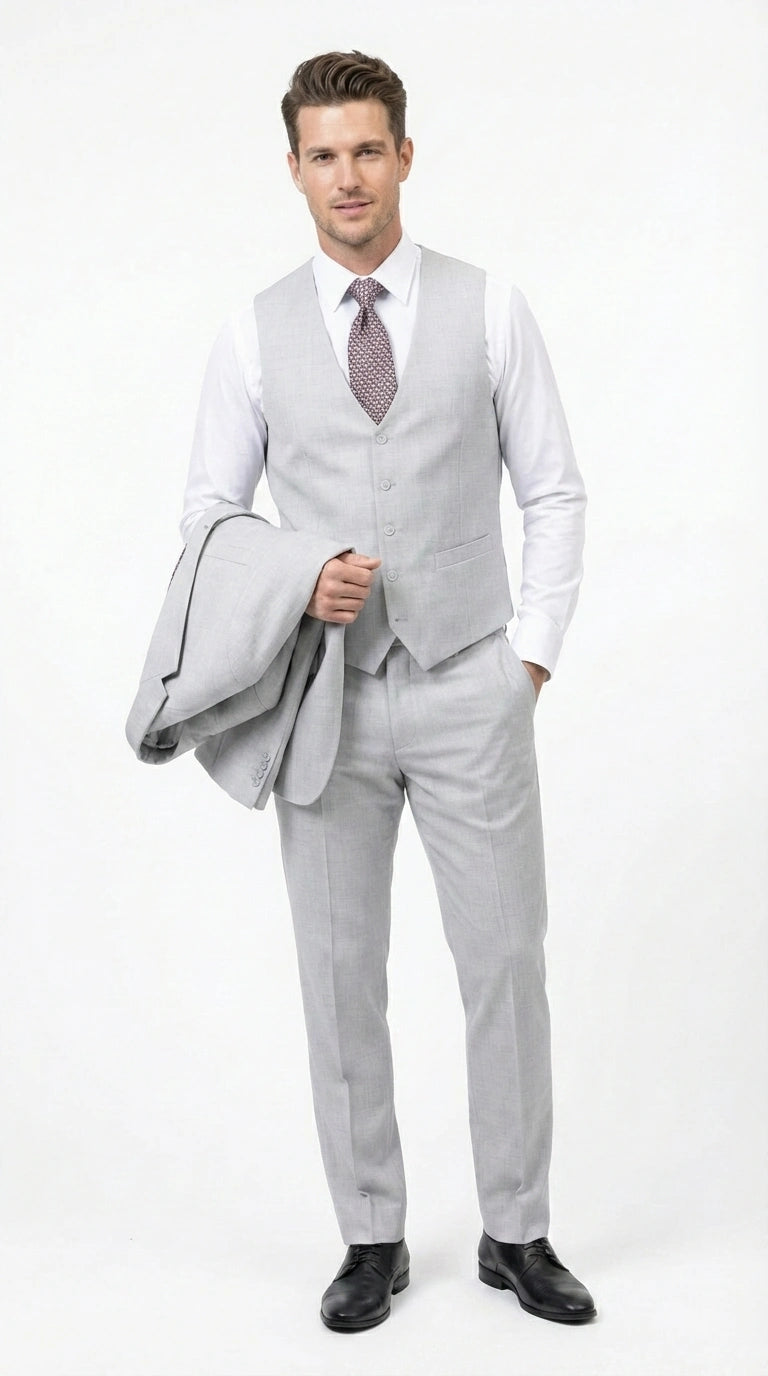 Men’s Light Grey Sharkskin 3 Piece Suit – Two Button Vested Modern Formal Business Suit for Wedding in silver Ice Gray