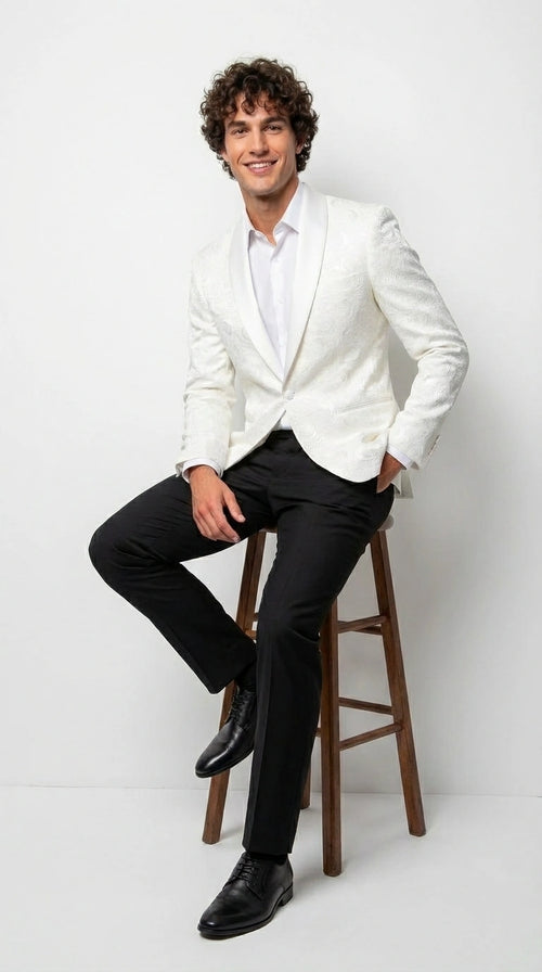 Men’s White Paisley Disco Blazer 1980s Style Jacket – Shawl Lapel Formal Party Blazer, Elegant Masquerade Club Wear, Stylish Evening Outfit