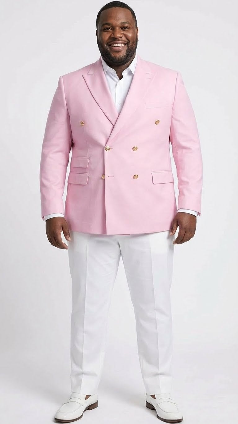 Men’s light pink double-breasted blazer featuring a tailored cut with two rows of gold buttons on the front, and two front flap pockets. The jacket has a smooth finish and structured shoulders.
