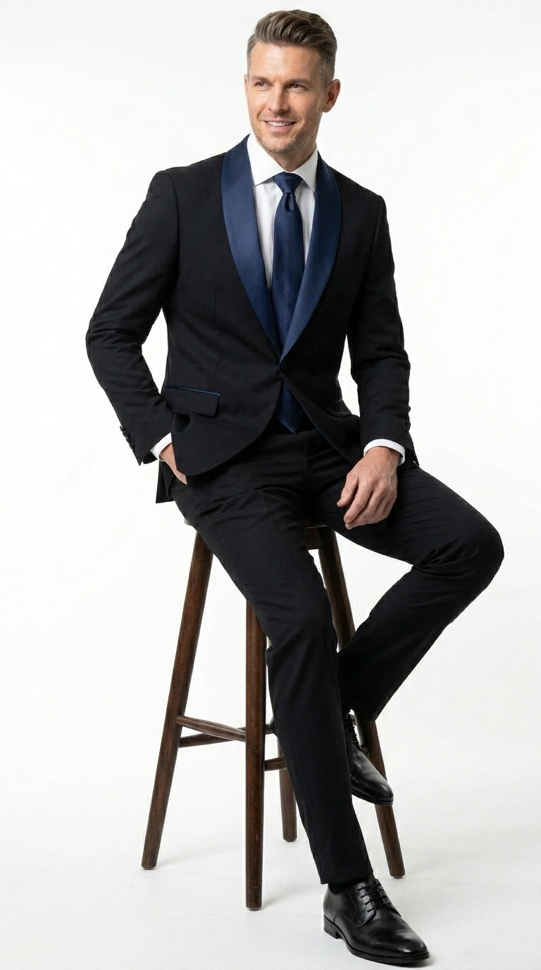 Men's Alberto Nardoni Black Suit with Navy Blue Lapel | Elegant Formal Tuxedo Style Suit for Wedding | Prom | Party and Evening Wear