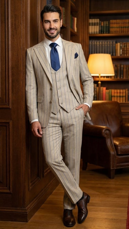 Light beige men's three-piece suit. Features: fitted jacket with notch lapel, buttoned waistcoat, and tailored pants. Blue pinstripes enhance the formal, sleek design.
