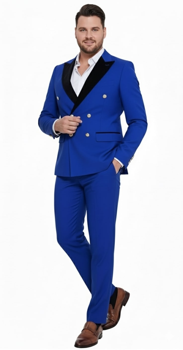 Men's royal blue double-breasted tuxedo suit. Modern slim fit, black satin lapel, gold buttons, and tailored trousers. A stylish and sophisticated choice.
