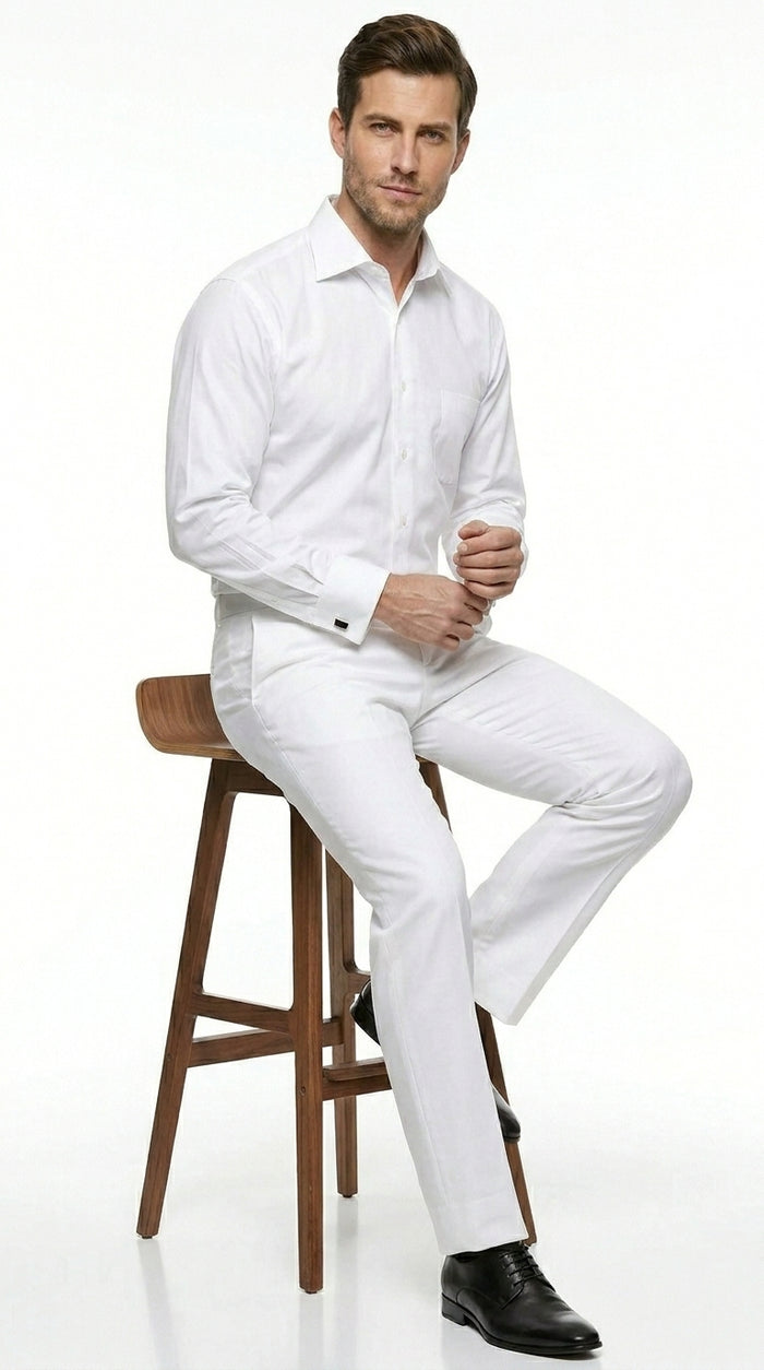 Men’s White Groomsmen Dress Shirt with Spread Collar, Long Sleeve Wedding Formal Shirt