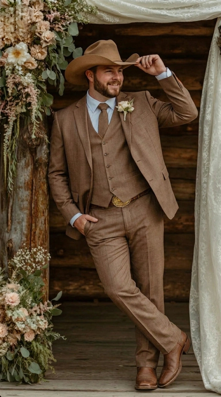 Men’s Light Brown Western 3 Piece Suit – Classic Country Style Blazer Vest Pants Set, Formal Cowboy Suit Toast