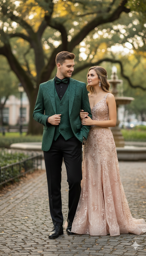 Emerald green paisley tuxedo: slim-fit blazer, vest, and pants. Textured paisley pattern on blazer. Includes black shirt, bow tie, and tailored black pants for a sleek formal look.
