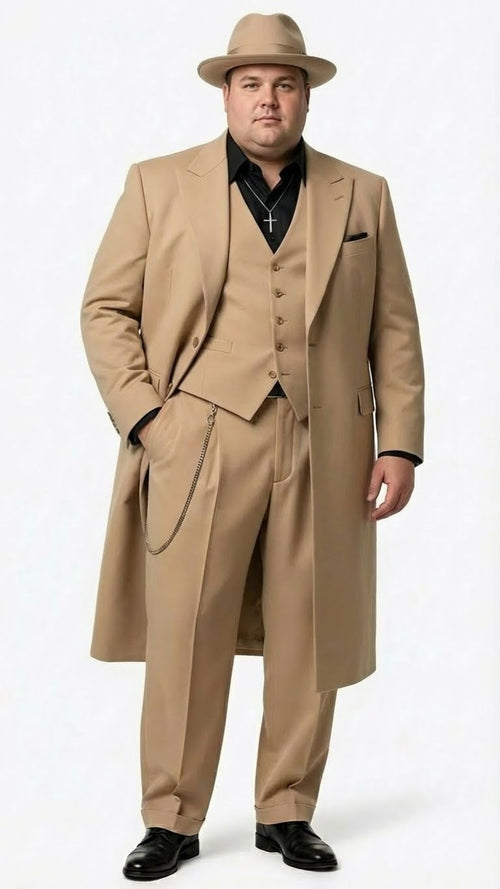 Alberto Nardoni men's 1920s beige zoot suit. Long, loose jacket with wide lapels, high-waisted trousers, and vest. Smooth, lightweight fabric. Includes pocket square, chain detail, and a beige fedora.