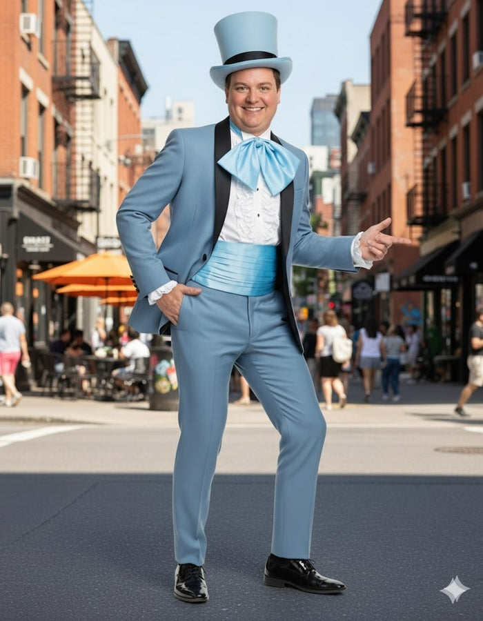 Light blue tuxedo with black lapels, matching trousers & top hat. Includes a white ruffled shirt, light blue bow tie & sash. Made of shiny fabric.
