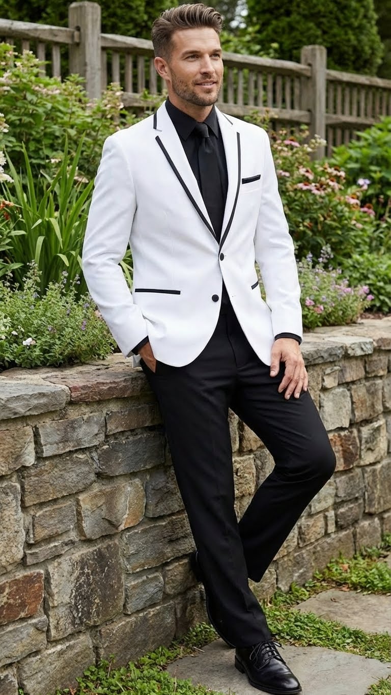 White men's blazer with black trim. Tailored fit, single-button closure, and smooth white fabric. Features black lapel and pocket edging, paired with black trousers for contrast.

