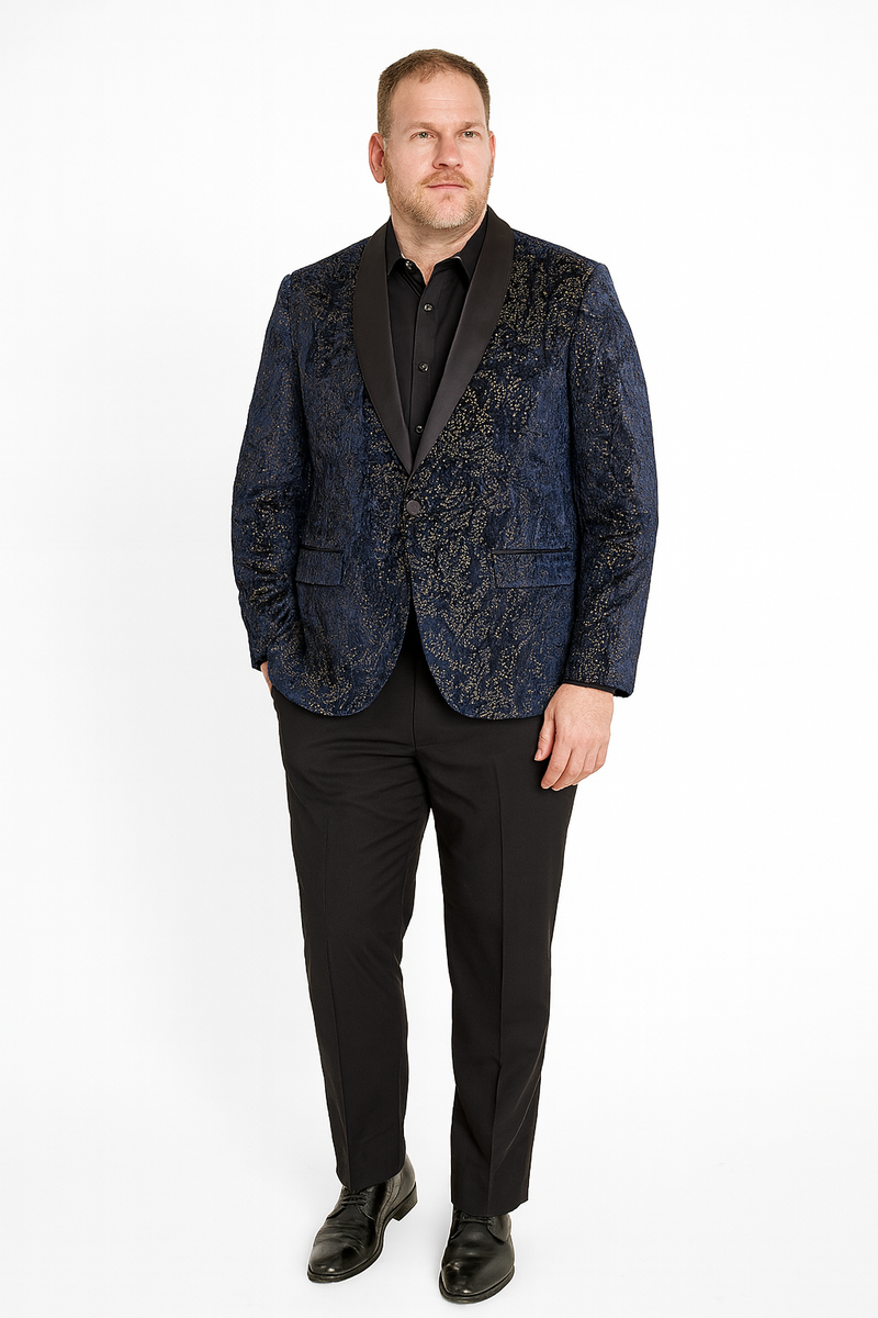Navy sequin tuxedo jacket for men. Black satin shawl lapel, structured fit, front pockets. Intricate sequin pattern throughout. Perfect for a glamorous event.
