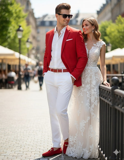 Red blazer & belt over white shirt & pants. Tailored fit, straight-cut pants. Red loafers complete the look. Crisp red and white color palette.
