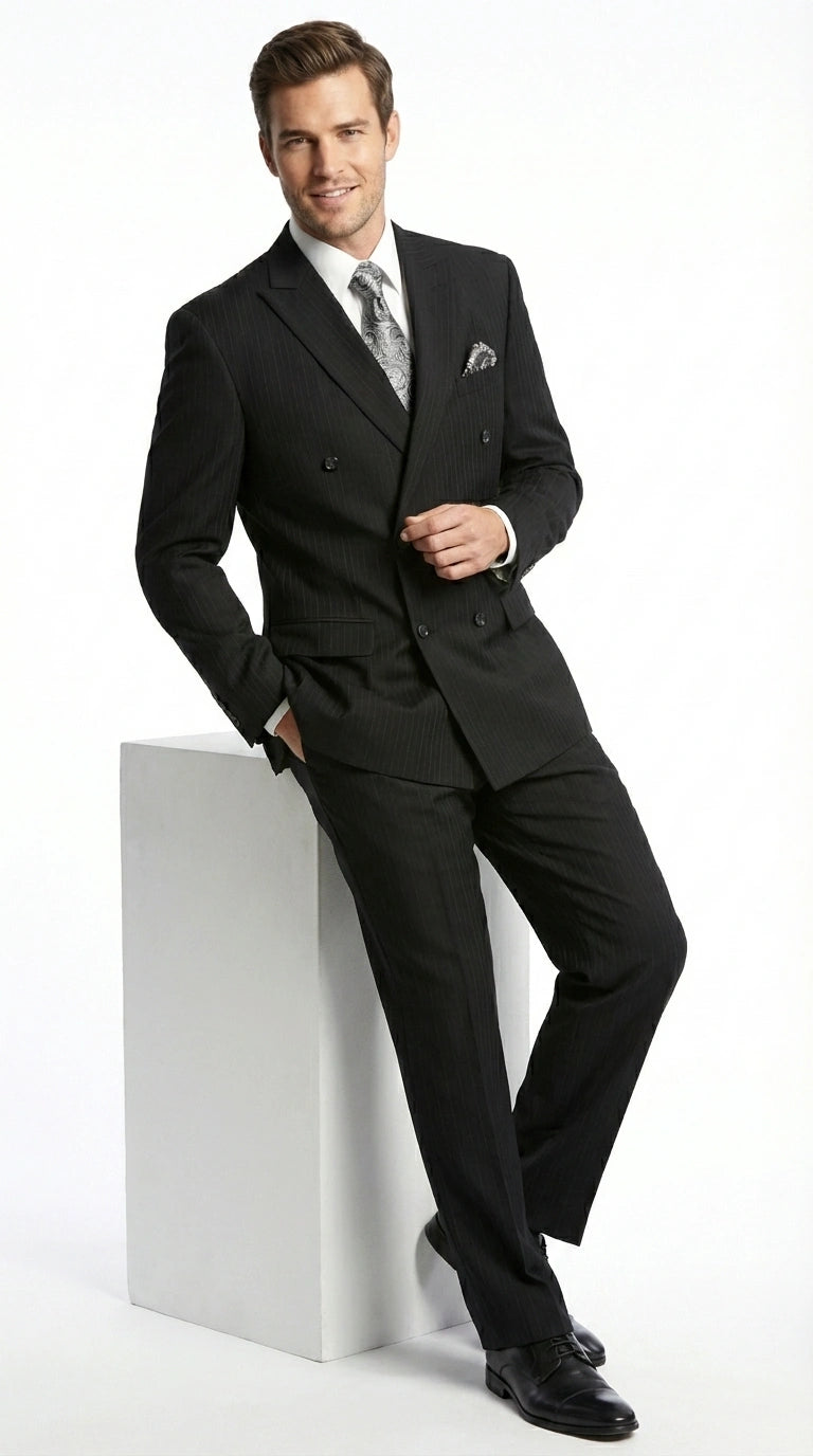 Men’s Black Pinstripe Double Breasted Suit – Peak Lapel Classic Fit Formal Business Conservative settle stripe