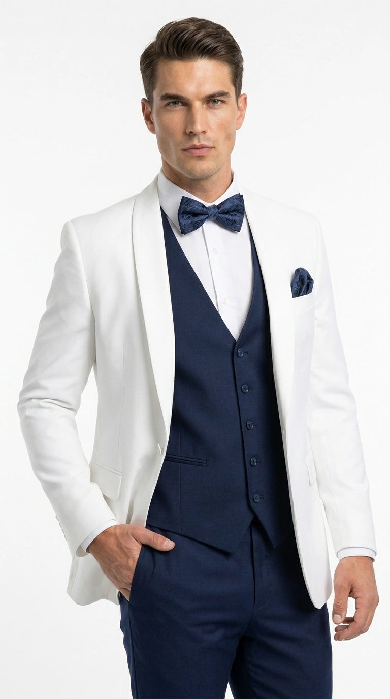 Men’s White and Navy blue tuxedo  3 Piece Suit – Classic White Blazer with Navy Vest and Pants for Wedding, Party + Bowtie