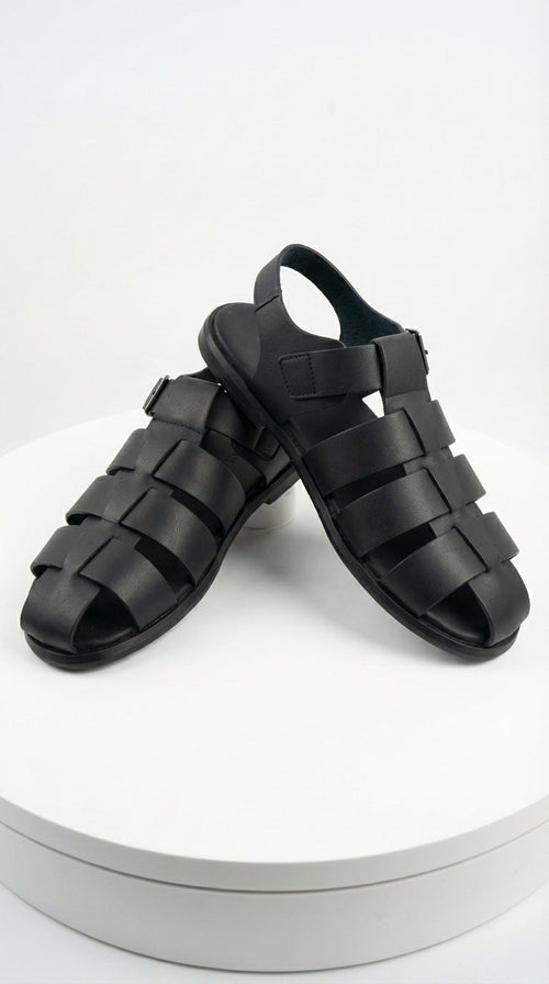 Mens Black Leather Sandals – Buckle Strap Casual Summer Shoes Breathable Open Toe Comfort Footwear