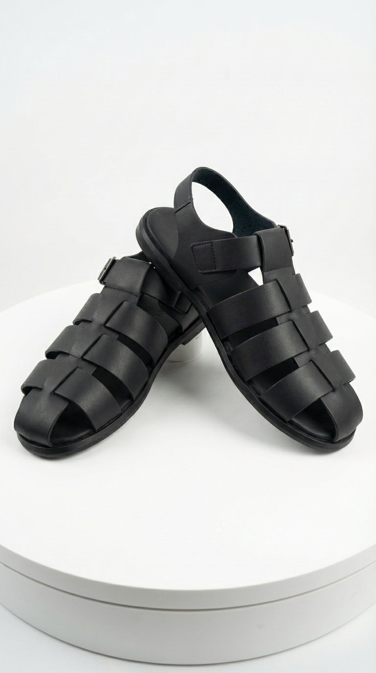 Mens Black Leather Sandals – Buckle Strap Casual Summer Shoes Breathable Open Toe Comfort Footwear