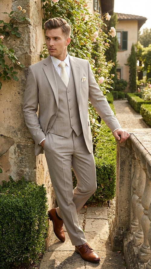 Men's light tan 3-piece suit: jacket, vest, pants. Subtle pinstripe, textured fabric. Jacket: notched lapels, single button. Vest: three buttons, tailored fit. Pants: straight leg.
