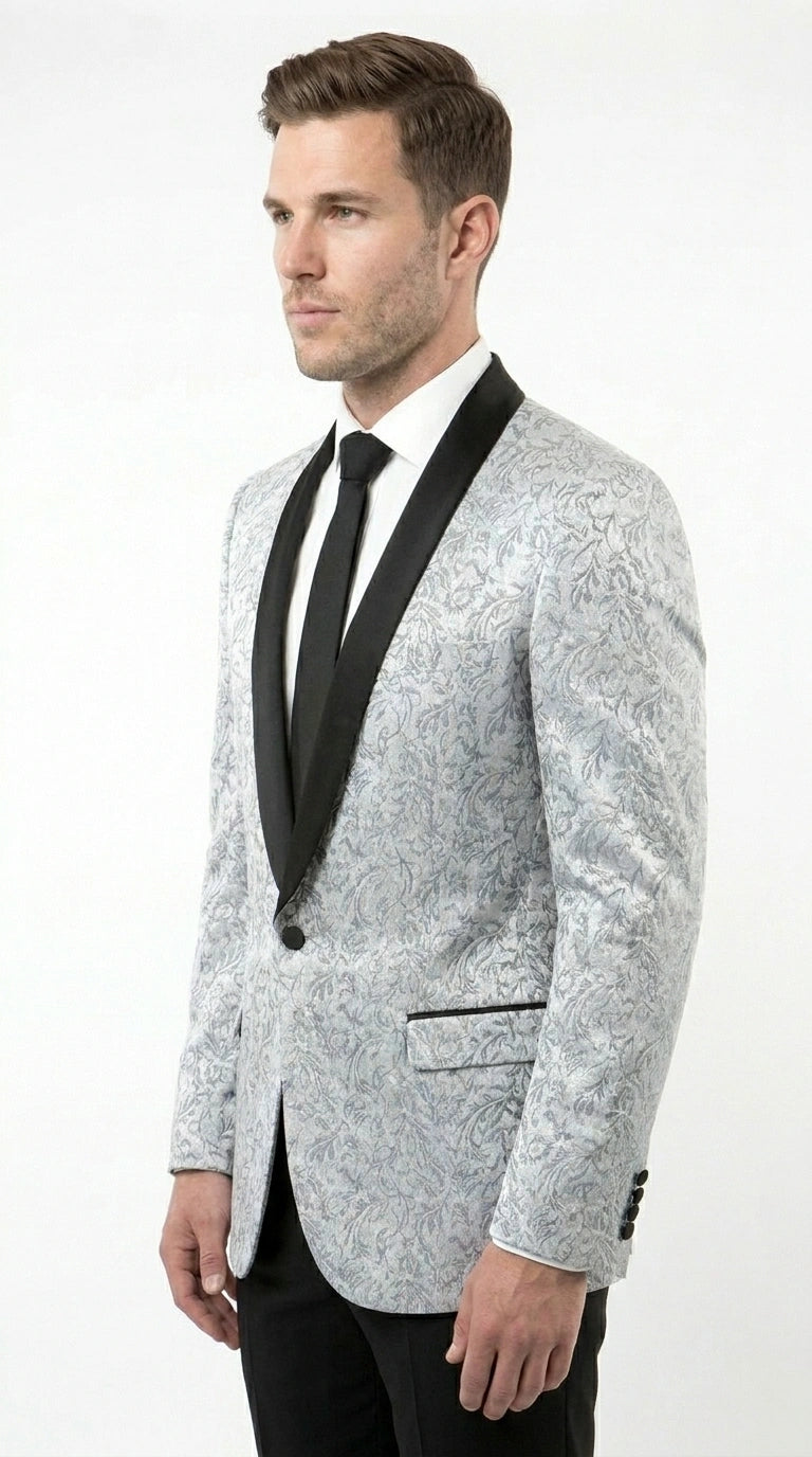 Men’s Silver and Black Floral Blazer – Elegant Formal Tuxedo Style Blazer Jacket for Wedding, Party, Prom and Evening Wear