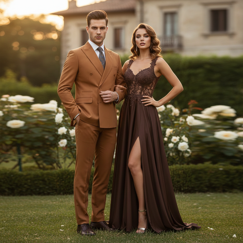 Men's slim fit suit in rust-orange brown. Double-breasted design, tailored silhouette, and smooth, refined finish. Frontal view showcasing structured shape.
