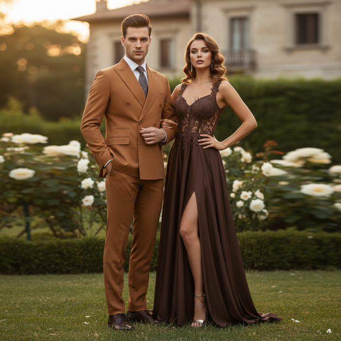 Men's slim fit suit in rust-orange brown. Double-breasted design, tailored silhouette, and smooth, refined finish. Frontal view showcasing structured shape.
