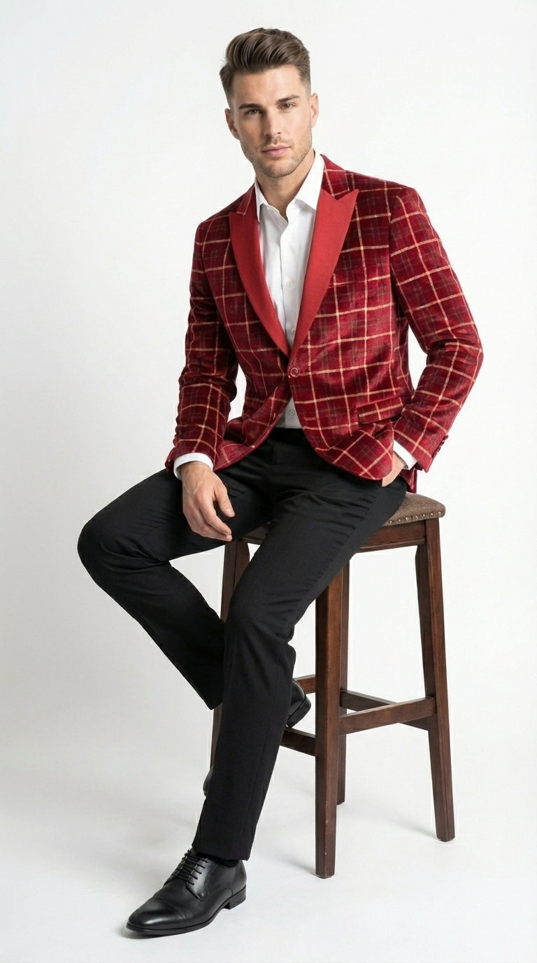 Mens Red Burgundy Plaid Blazer with Contrast Lapel – Velvet Fabric Check Prom Blazer Jacket for Party, Christmas New Year Holiday Jacket