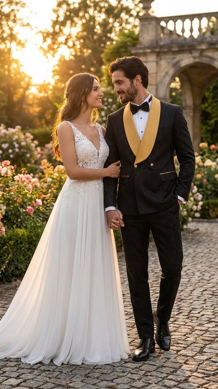 Men's black jacquard tuxedo with gold shawl lapel and matching buttons. Luxury slim fit, textured fabric. Formal elegance.
