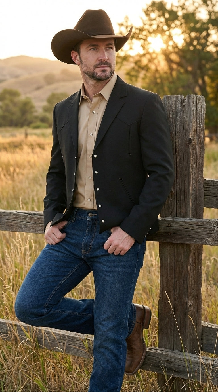 Mens Black Western Blazer Set – Cowboy Style Formal Jacket and Pants Outfit Country Western Suit