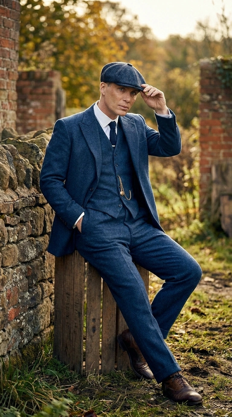 Men’s Blue 3 Piece Suit, Thomas Shelby Inspired Vintage Formal Suit Herringbone Tweed 1920s fabric