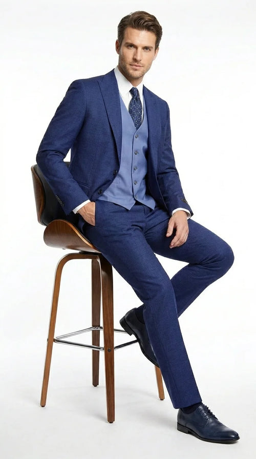 Vitalli Men’s Navy Blue 3 Piece Suit with Light Blue Vest, Textured Formal Dress Suit for Weddings, Prom, Business Events, and Parties