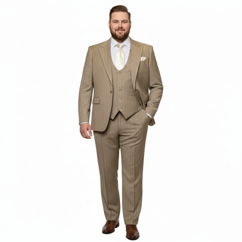 Beige pinstripe three-piece men's suit: structured blazer, waistcoat, and tailored trousers. Light beige fabric with fine pinstripes. Blazer features notched lapel; trousers taper for a sleek silhouette.
