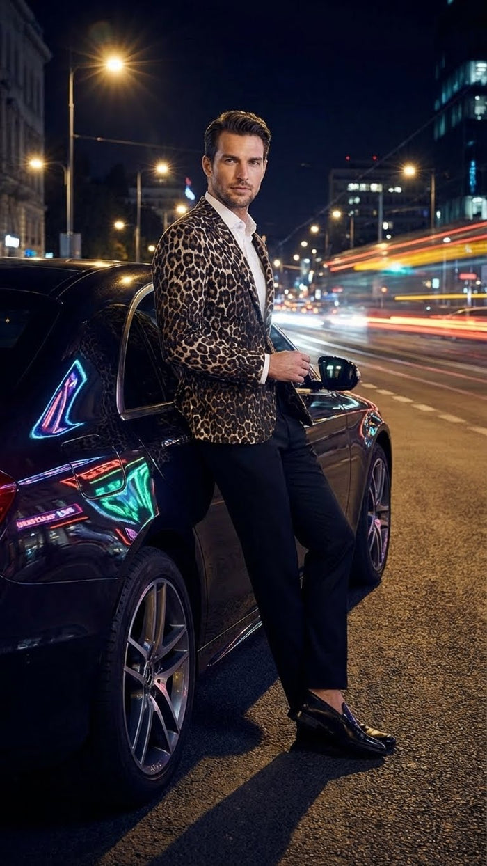Alberto Nardoni men's leopard print blazer: structured fit, notched collar, front pockets. Brown/black leopard print. Paired with tailored black trousers. Distinct contrast, no visible branding.
