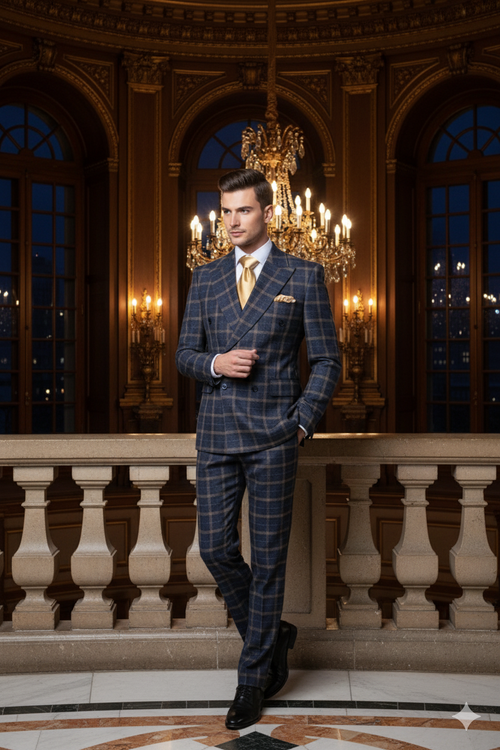 Men's double-breasted suit in camel bronze. Tailored fit, woven fabric with subtle plaid. Jacket: broad lapels, double-breasted. Matching trousers taper at ankles.

