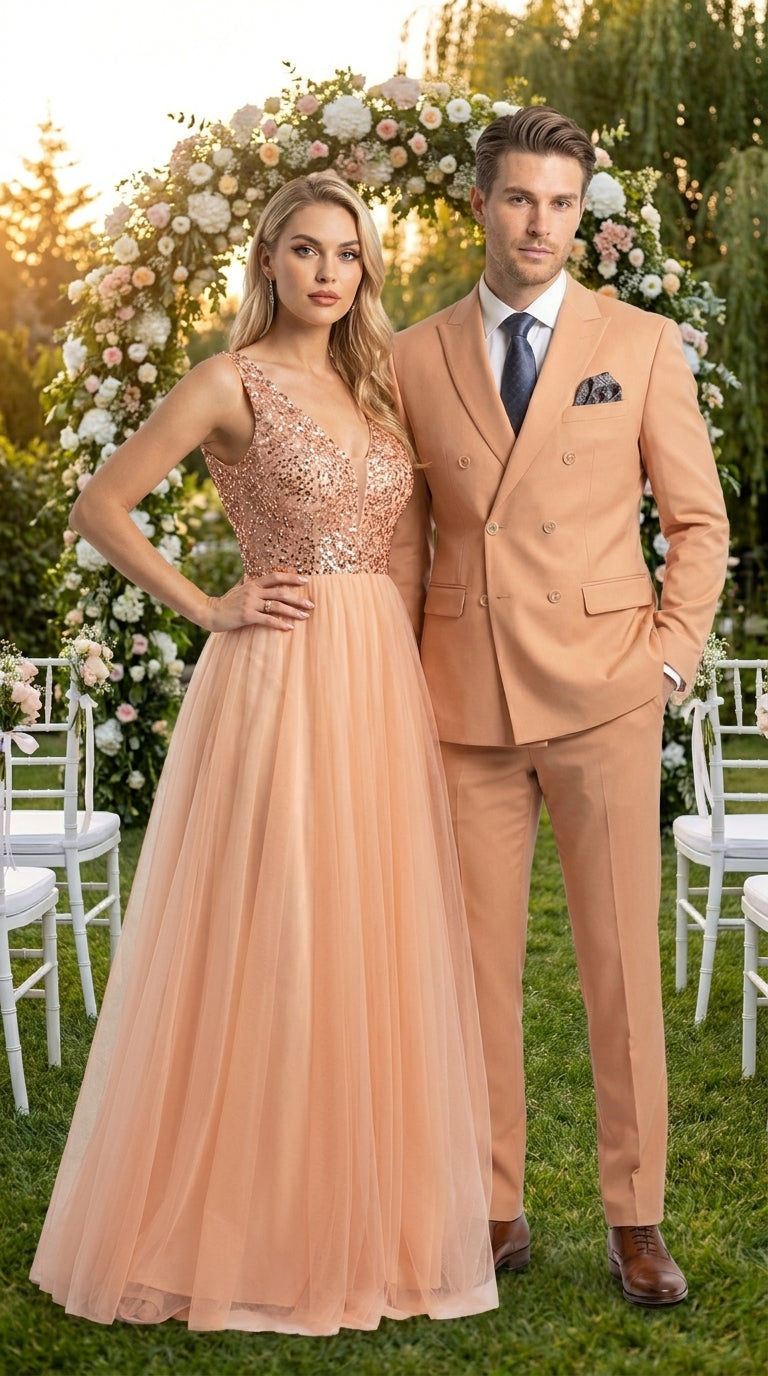 Men’s Peach Double Breasted Suit – Wedding & Prom Formal Suit Set, Classic Blazer and Pants Slim Fitted