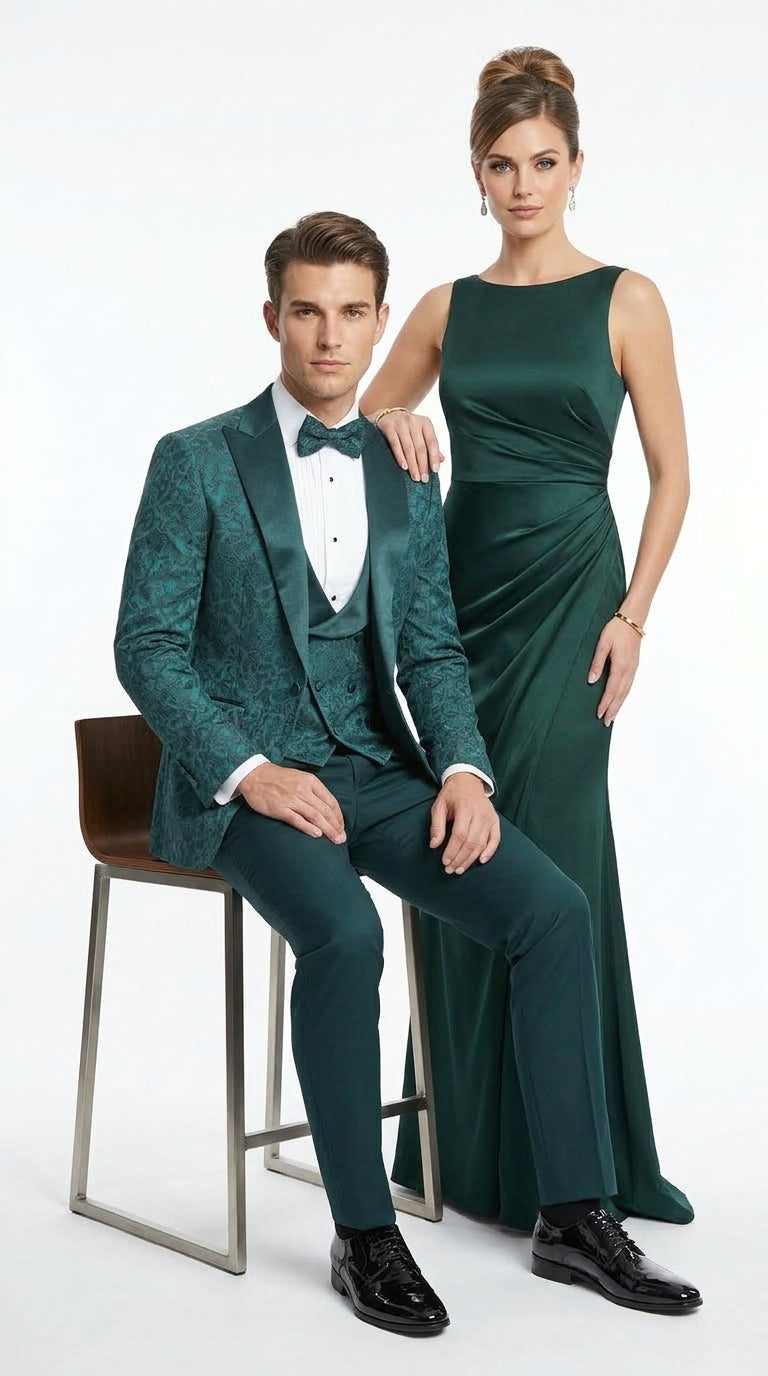 Men’s Hunter Green Paisley Tuxedo – 3 Piece Prom & Wedding Suit with Matching Bow Tie