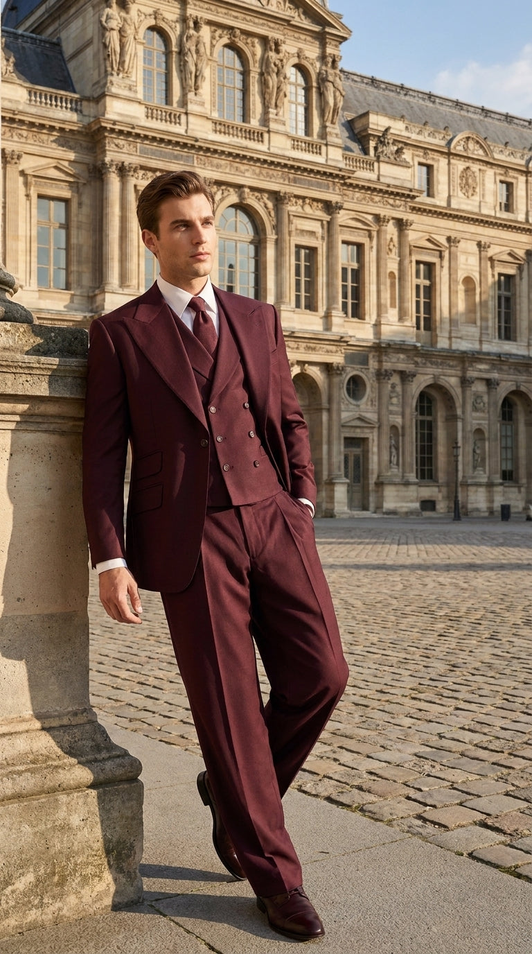 Tiglio Rosso Men’s Burgundy Wool Suit – Classic Fit Big Lapel Suit with Wide Leg Pleated Pants & Side Vents
