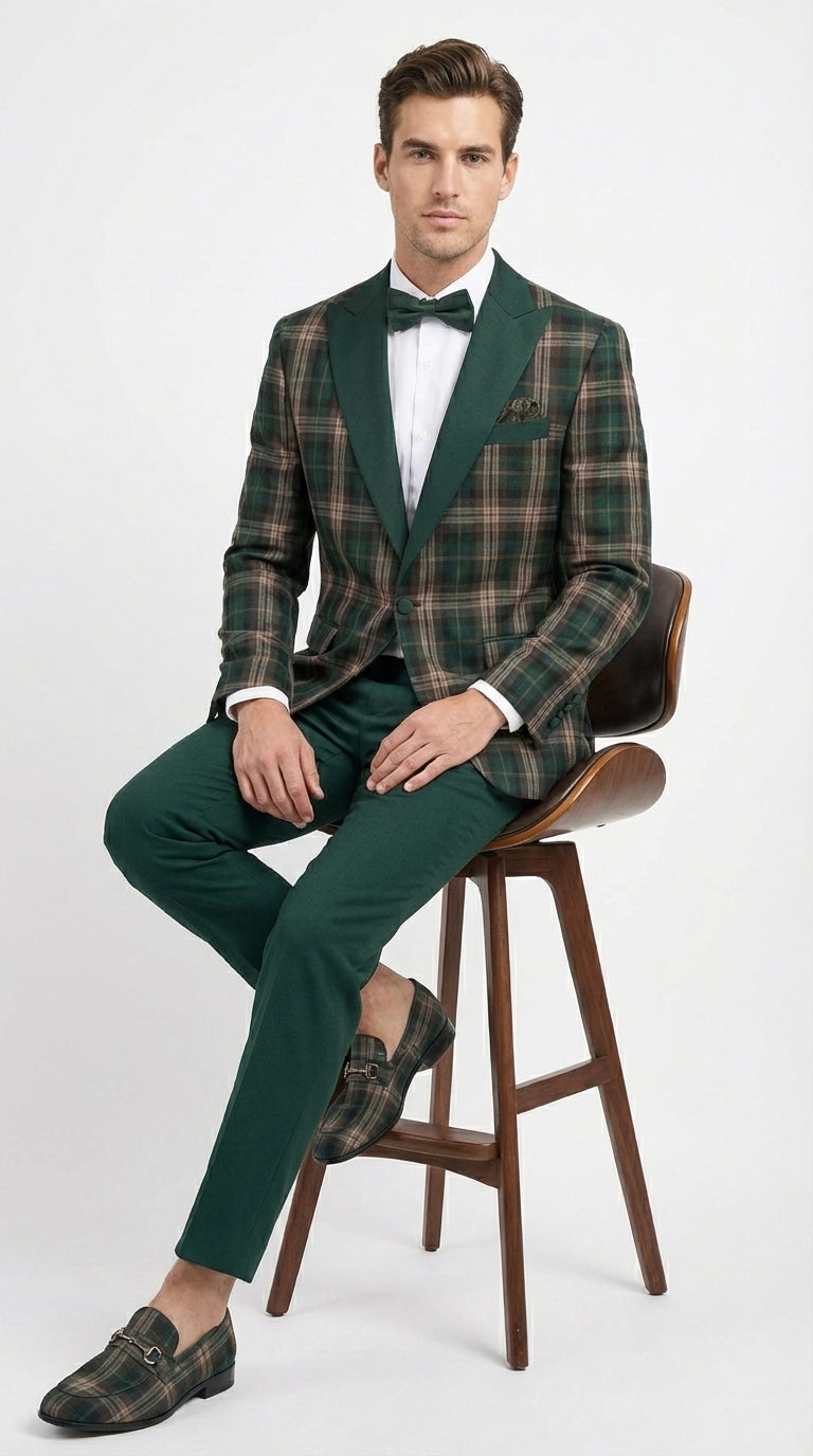 Mens Tartan Green and Brown Blue Plaid Tuxedo Dinner Jacket Set – Checkered Prom Blazer with Dark Green Pants Formal Wedding Party Wear