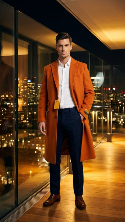 Men's rust orange wool-blend overcoat. Tailored fit, single-breasted, notched collar. Two front pockets. Smooth texture. Classic, sophisticated design.
