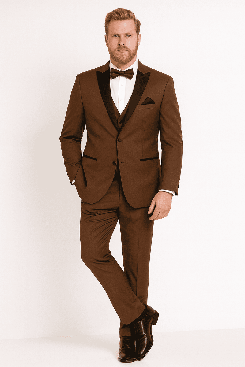 Men's light brown three-piece tuxedo suit: jacket with black satin lapel, fitted trousers, and a vest. Jacket has pockets for functionality, offering a streamlined fit.
