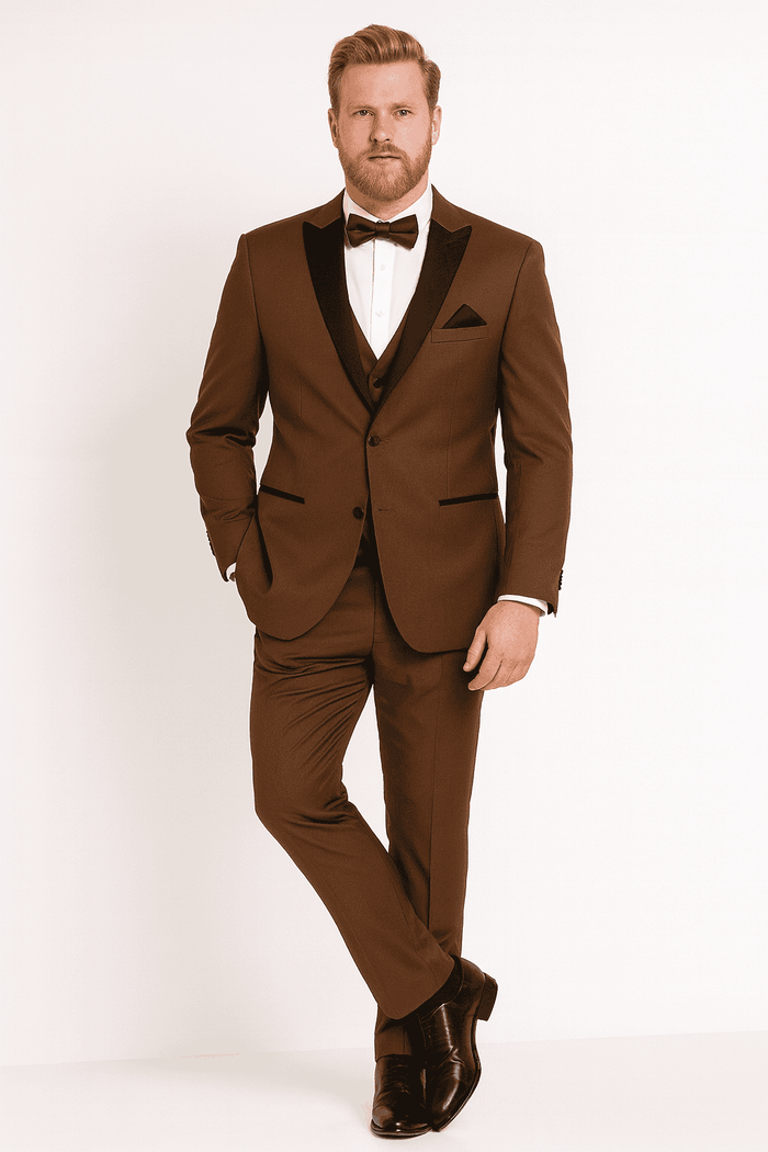 Men's light brown three-piece tuxedo suit: jacket with black satin lapel, fitted trousers, and a vest. Jacket has pockets for functionality, offering a streamlined fit.

