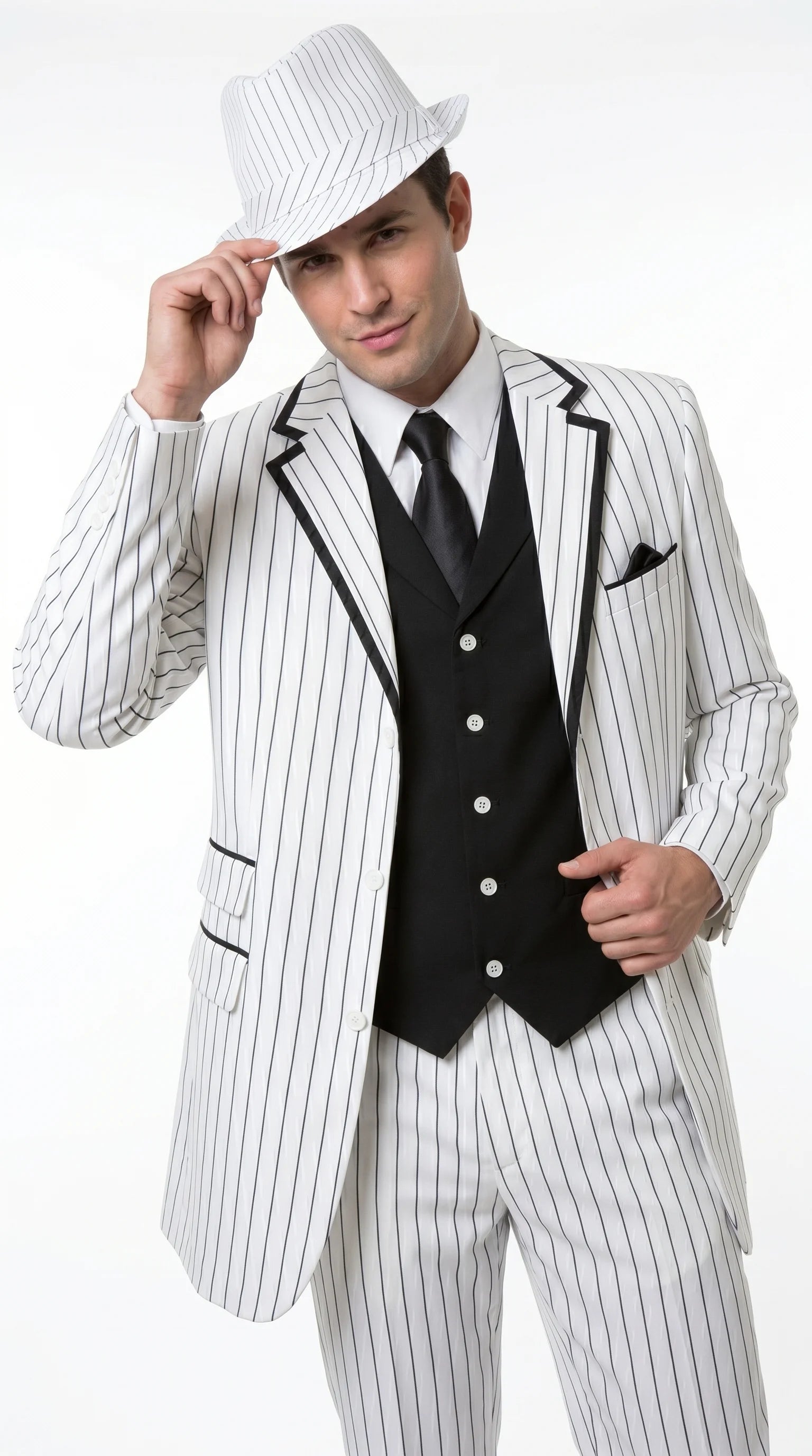 Men’s White Pinstripe 1920s Gangster 3 Piece Suit, Black Contrast Formal Costume Suit for Parties, Prom, Weddings, and Theme Events