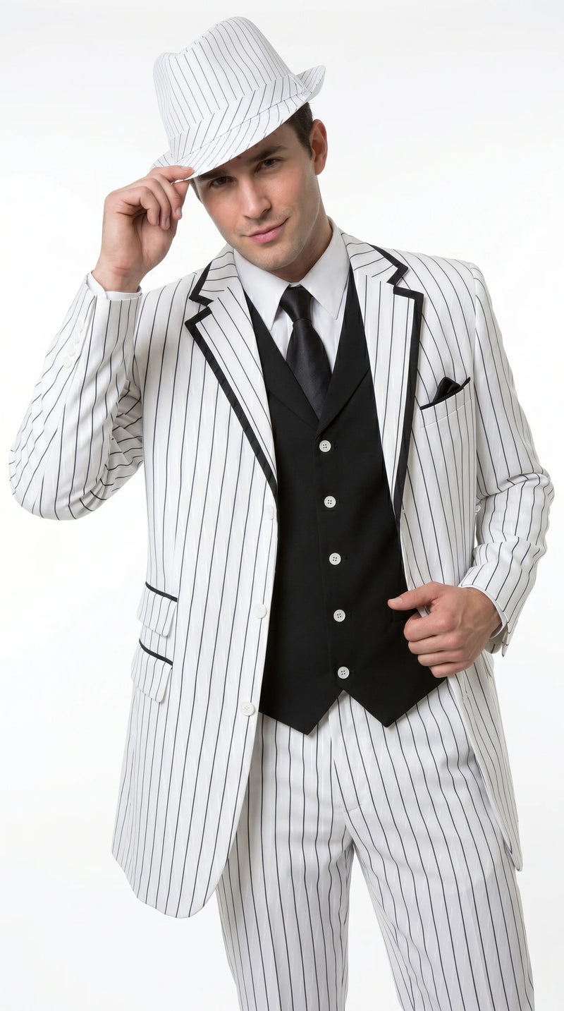 Men’s White Pinstripe 1920s Gangster 3 Piece Suit, Black Contrast Formal Costume Suit for Parties, Prom, Weddings, and Theme Events