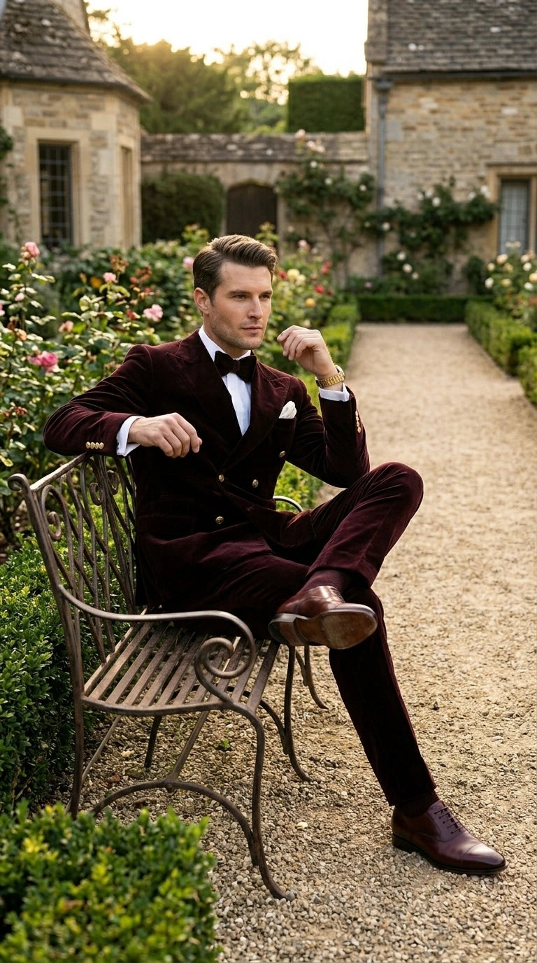 Men’s Dark Brown Velvet Blazer and Pants 2 Piece Suit, Double Breasted Formal Dinner Suit for Weddings, Prom