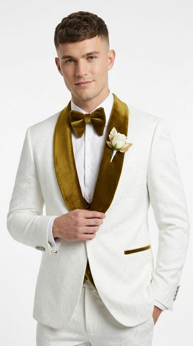 Men’s White Paisley 3 Piece With Vest Prom Tuxedo with Gold Velvet Shawl Lapel, Formal Wedding Suit Set