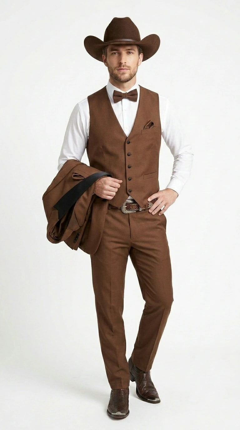 Men’s Light Brown Western Tuxedo 3 Piece Suit with Black Peak Collar Lapel, Country Look Cowboy Suit