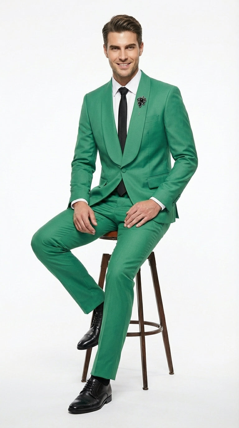 Men’s Emerald Green Tuxedo Suit – Emerald Green Formal Tuxedo with Shawl Lapel Jacket Trousers for Prom, Wedding in Augusta Green