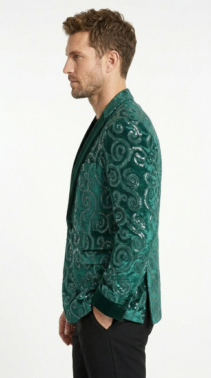Men’s Emerald Green Paisley Tuxedo Dinner Jacket with Black Lapel, Formal Prom Wedding Party Blazer