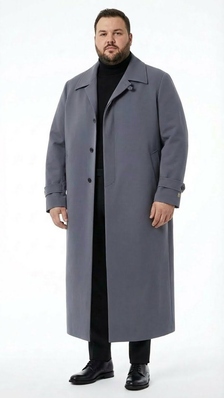 Alberto Nardoni charcoal grey men's overcoat. Full-length, straight silhouette, broad lapel, single-breasted, wrist straps. Smooth, matte finish.
