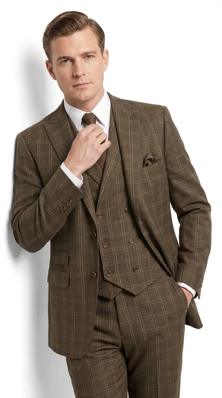 Men’s 1930s Brown Plaid 3 Piece Suit, Vintage Formal Wedding Business Dress Suit Set