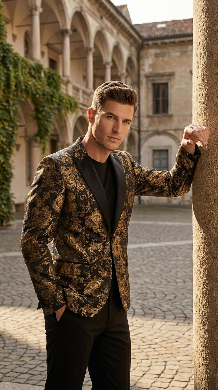 Men’s Black & Gold Paisley Tuxedo Jacket – Luxury Floral Formal Dinner Blazer Black Pants