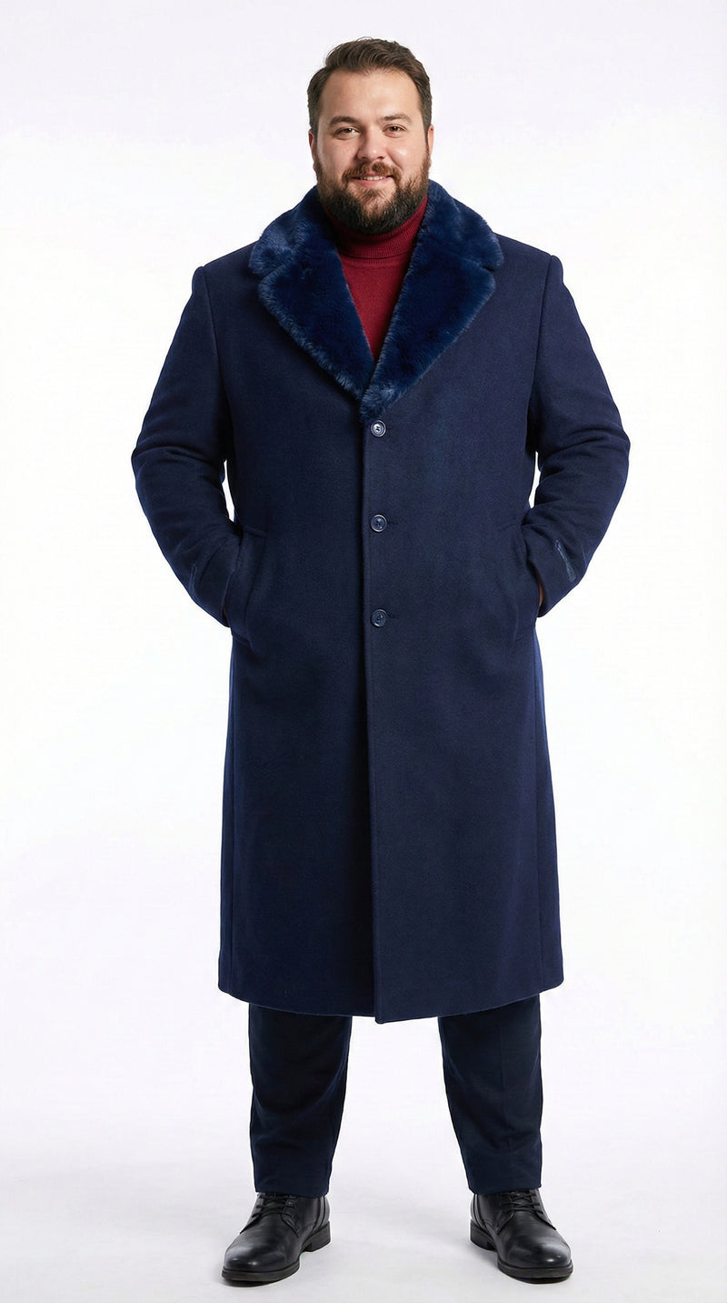 Mens Dark Navy Blue Long Overcoat with Faux Fur Collar, Classic Winter Dress Coat for Formal