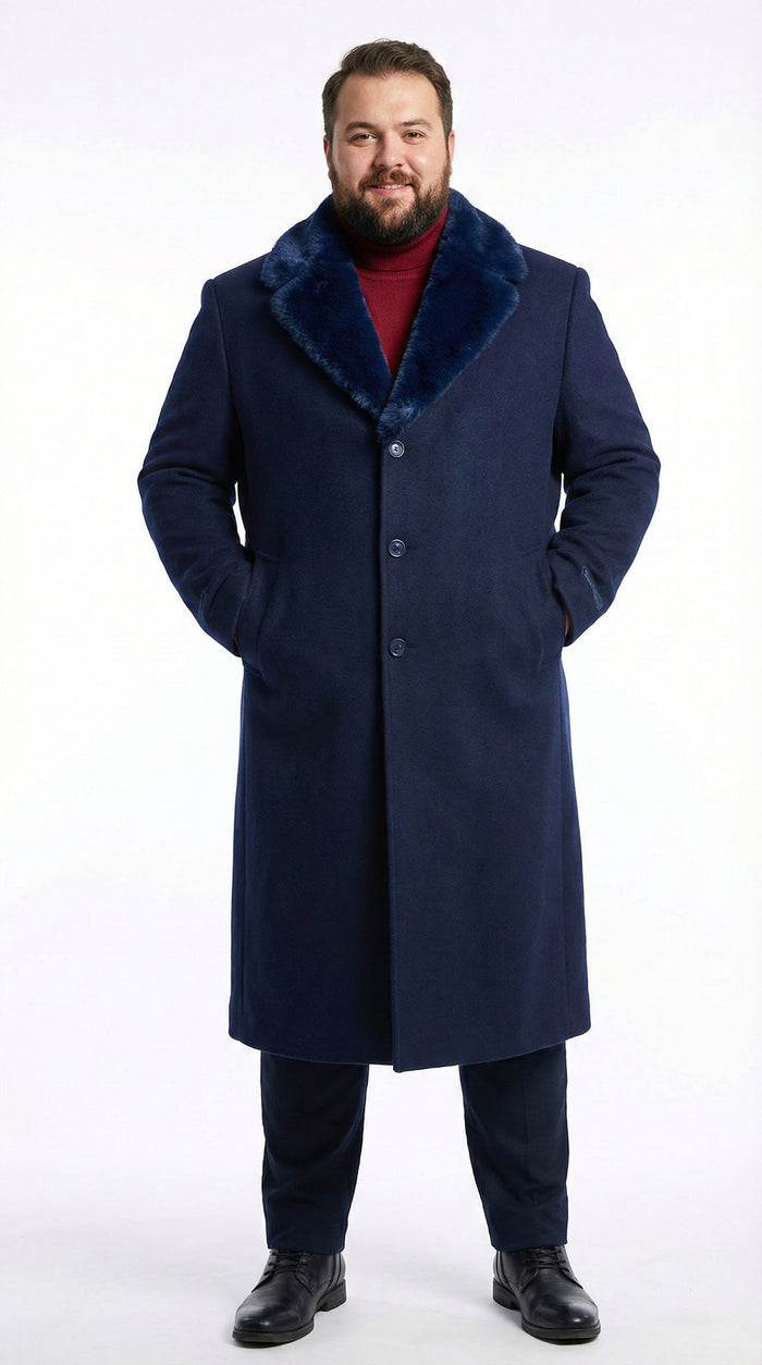 Mens Dark Navy Blue Long Overcoat with Faux Fur Collar, Classic Winter Dress Coat for Formal