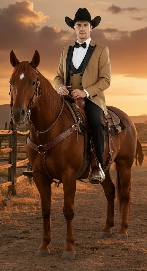 Tan cowboy tuxedo with satin lapel. Three-piece suit includes mocca coffee vest. A stylish Western-inspired look.
